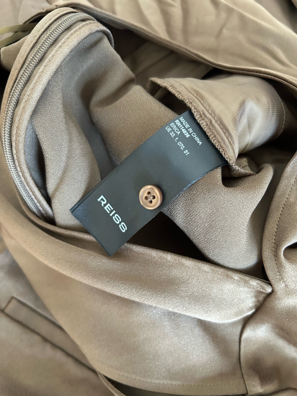 REISS Erica Satin Jumpsuit Khaki Green Cowl-Neck Wide-Leg Quiet Lux Classic - Picture 9 of 14